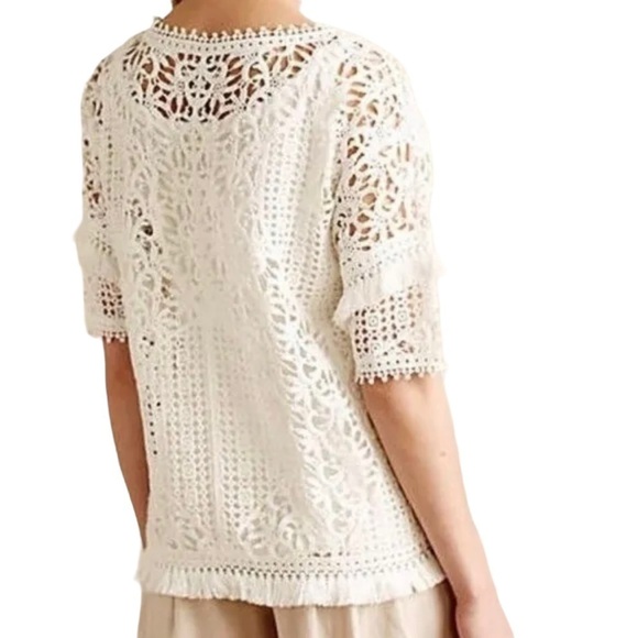 Anthropologie Baraschi Crochet lace Fringe short sleeve ivory cotton Top Sz S - Picture 2 of 8